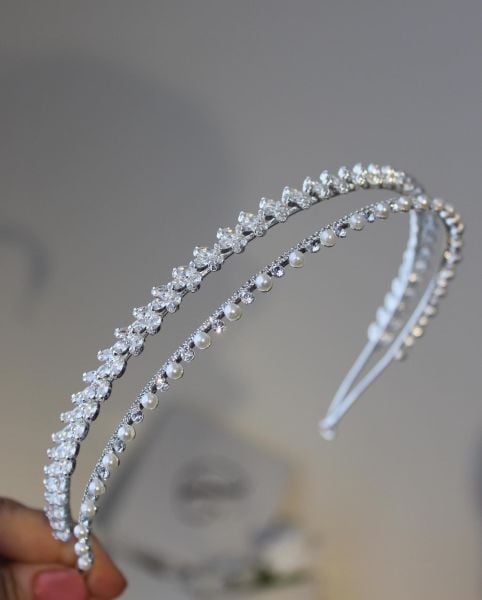 ZİRKON TAŞLI İNCİLİ ÇİFT SIRA TAÇ